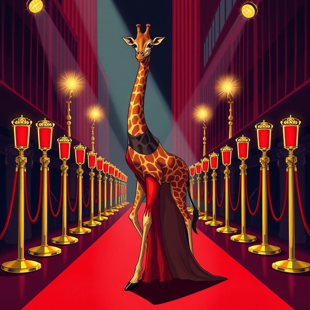 Giraffe in Art Deco Evening Gown on Red Carpet