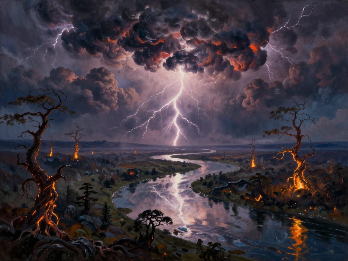 Epic Fantasy Landscape Under Fiery Storm Sky