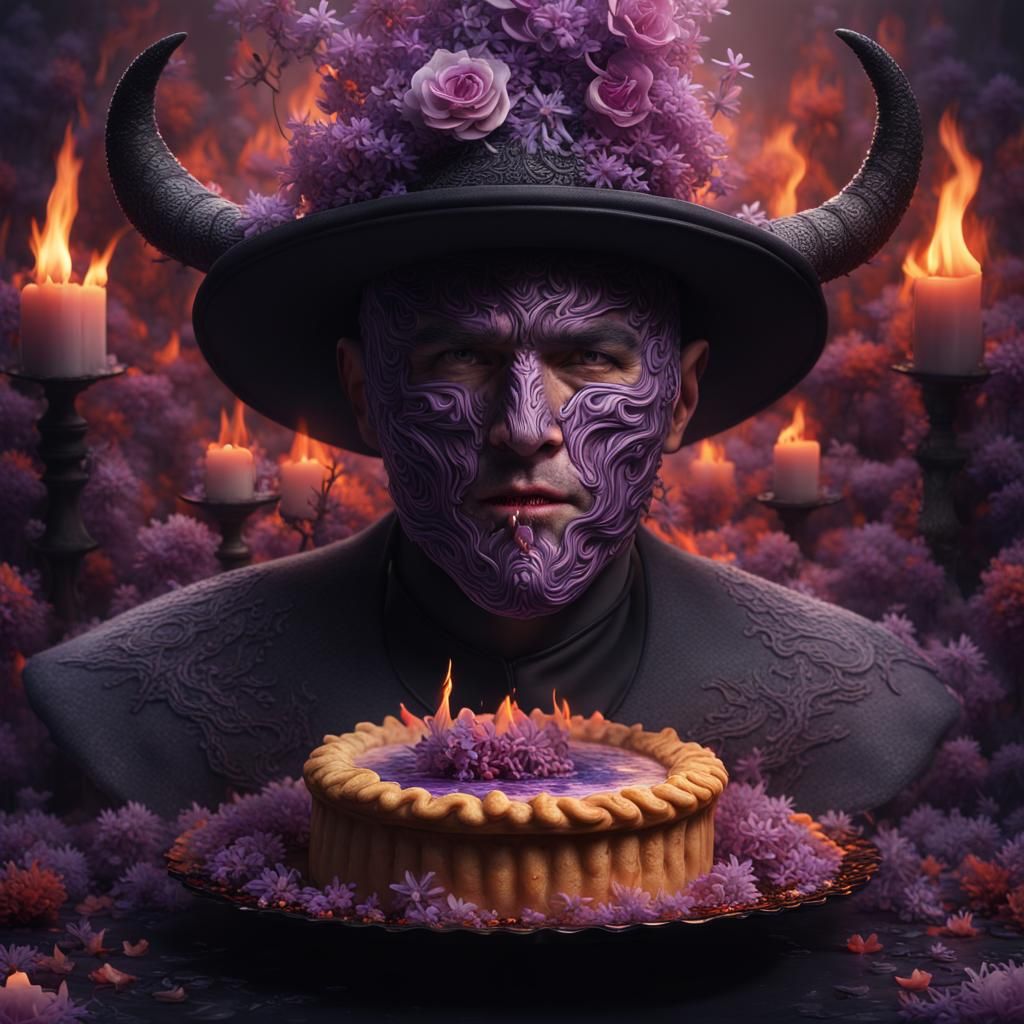 A very detailed pie in front of devil covered by tiny flowers , thorns around his hands and a very detailed hat decorate...
