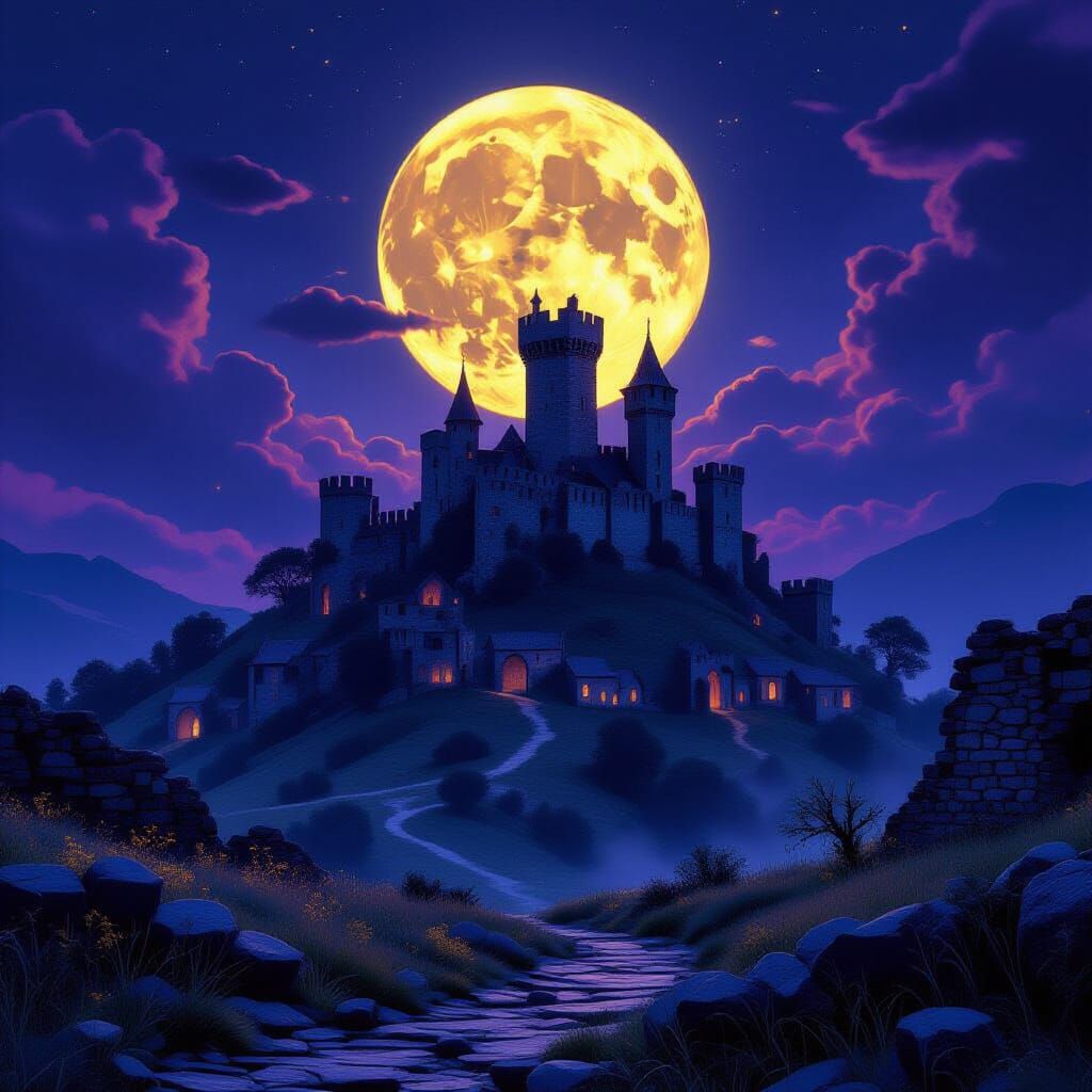 Abandoned Medieval Village Under Full Moon