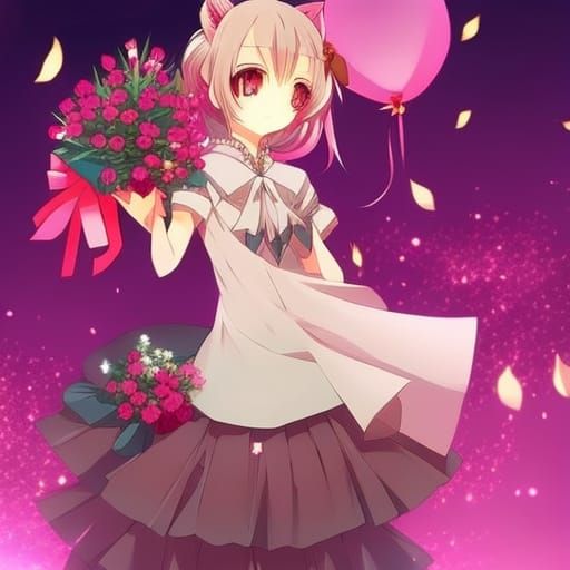 Cute Kitten with Flowers in Anime Style