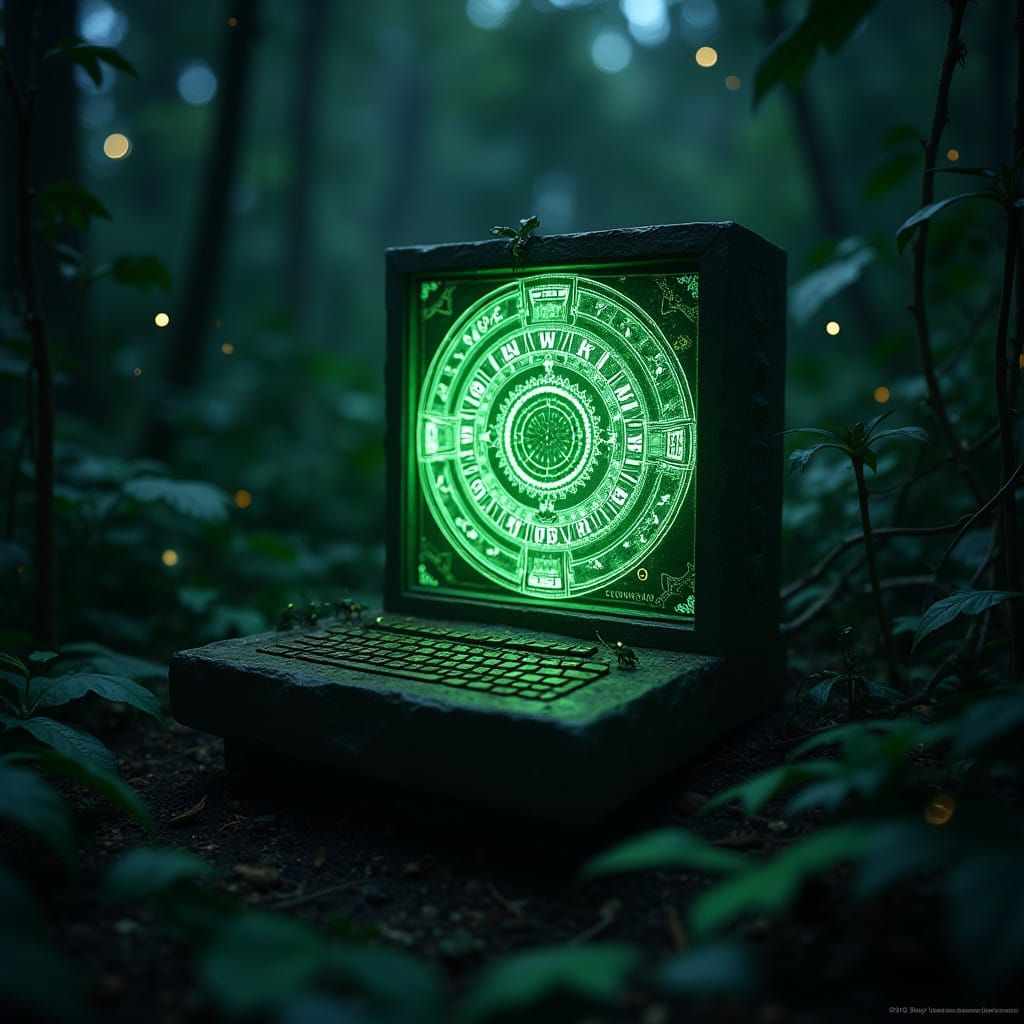 Ancient Calendar Illuminated on a Futuristic Stone Terminal...