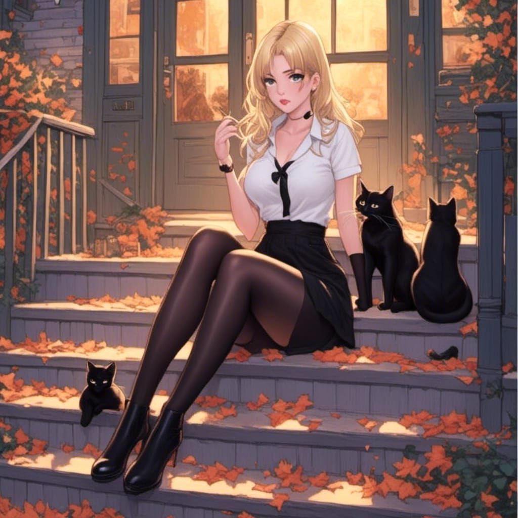 Blonde Woman and Black Cat on Stoop