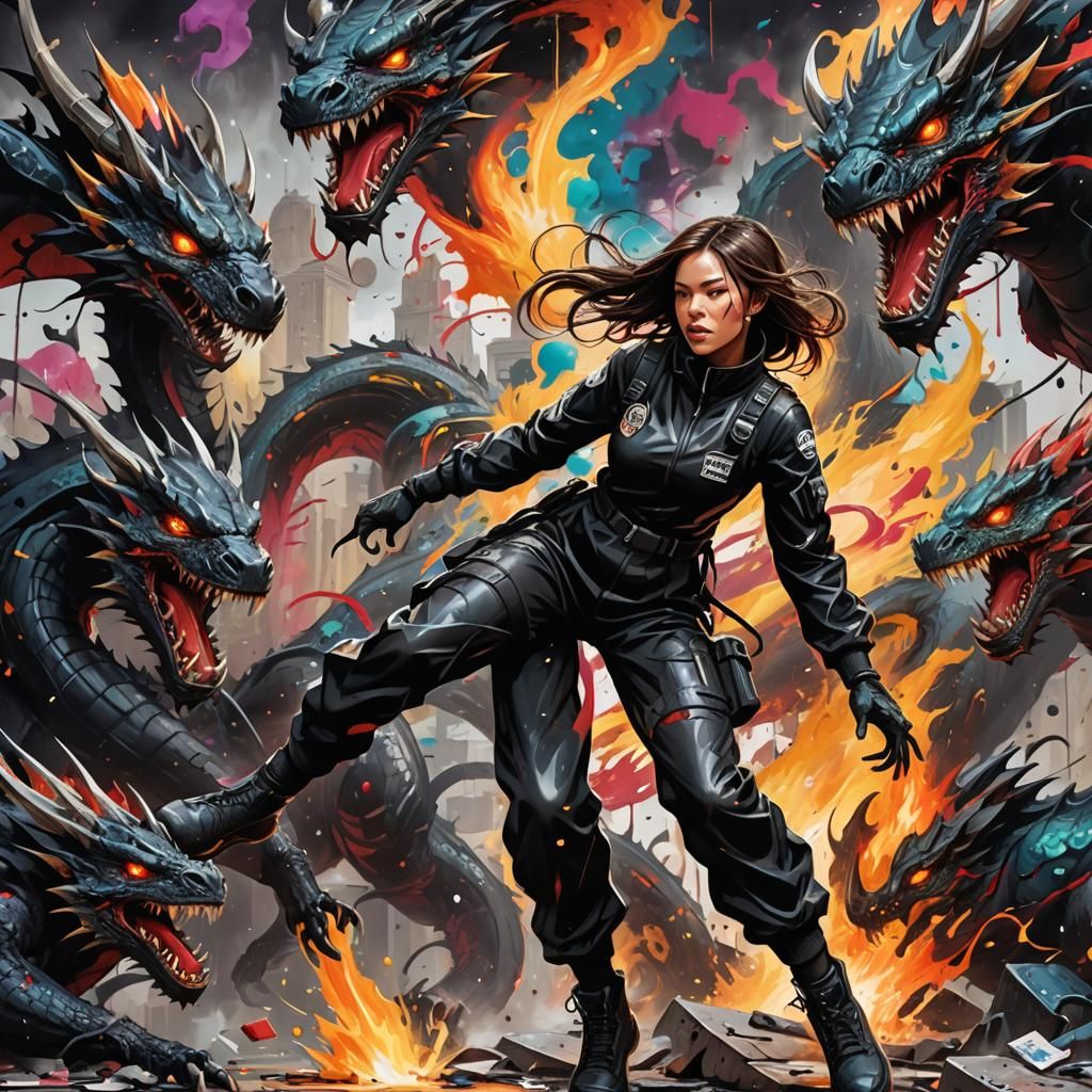 Graffiti Art: Girl on Planet Overlord with Dragons