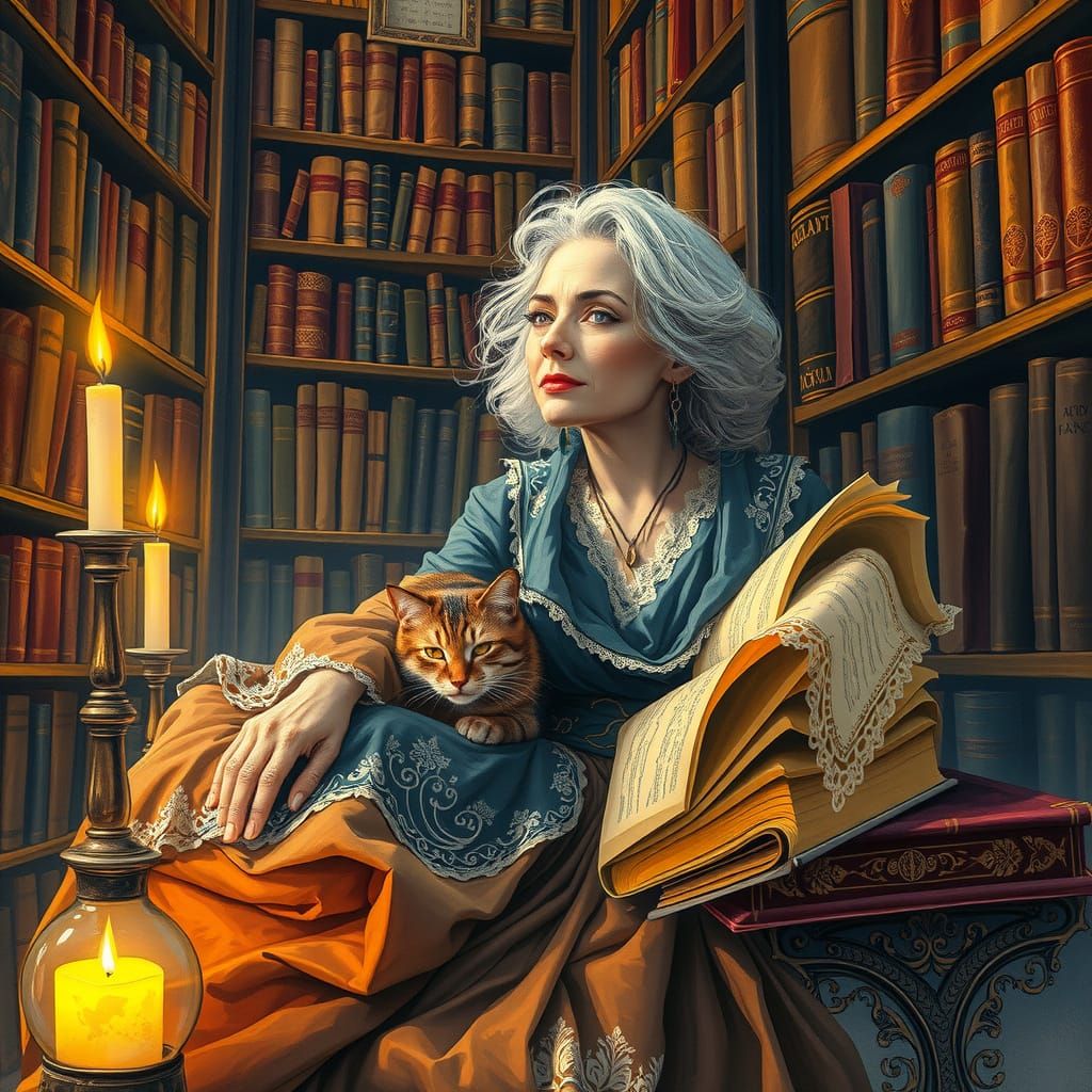 Whimsical Lady in Mystical Library