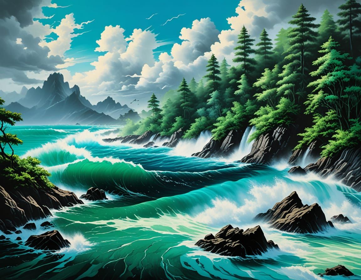 Stormy Seas and Emerald Forest in Monochromatic Blue Oil Pai...