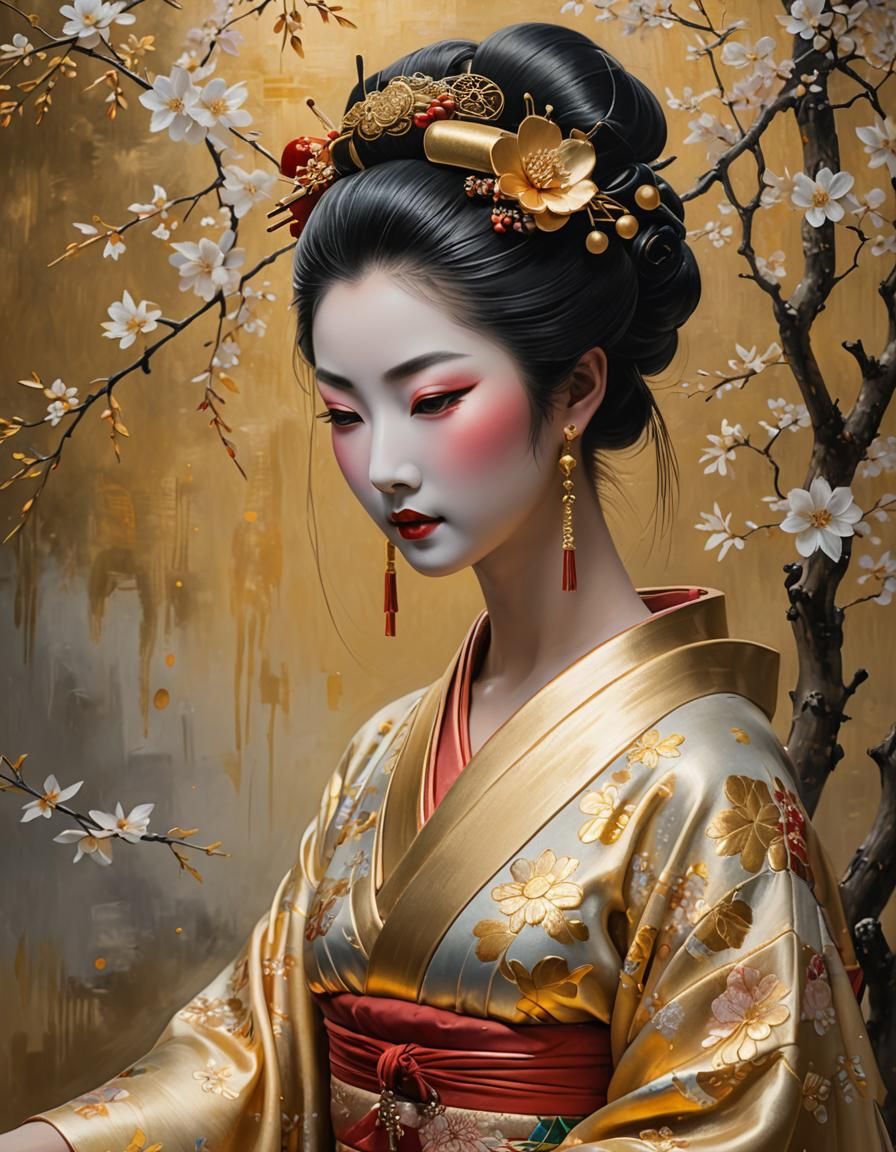 Geisha Statue Awakens: Oil Painting in Fantasy Style