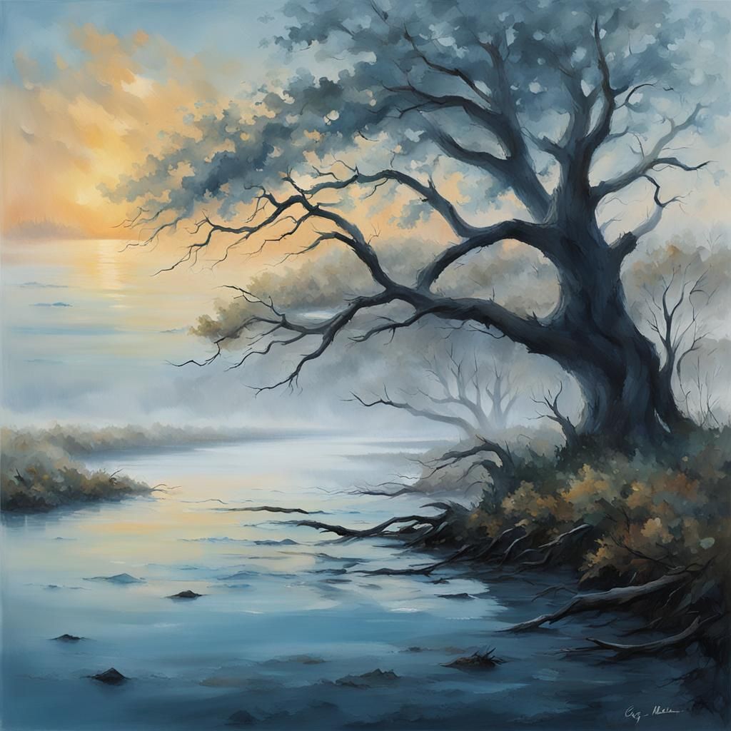 Misty River Mouth Landscape at Dawn