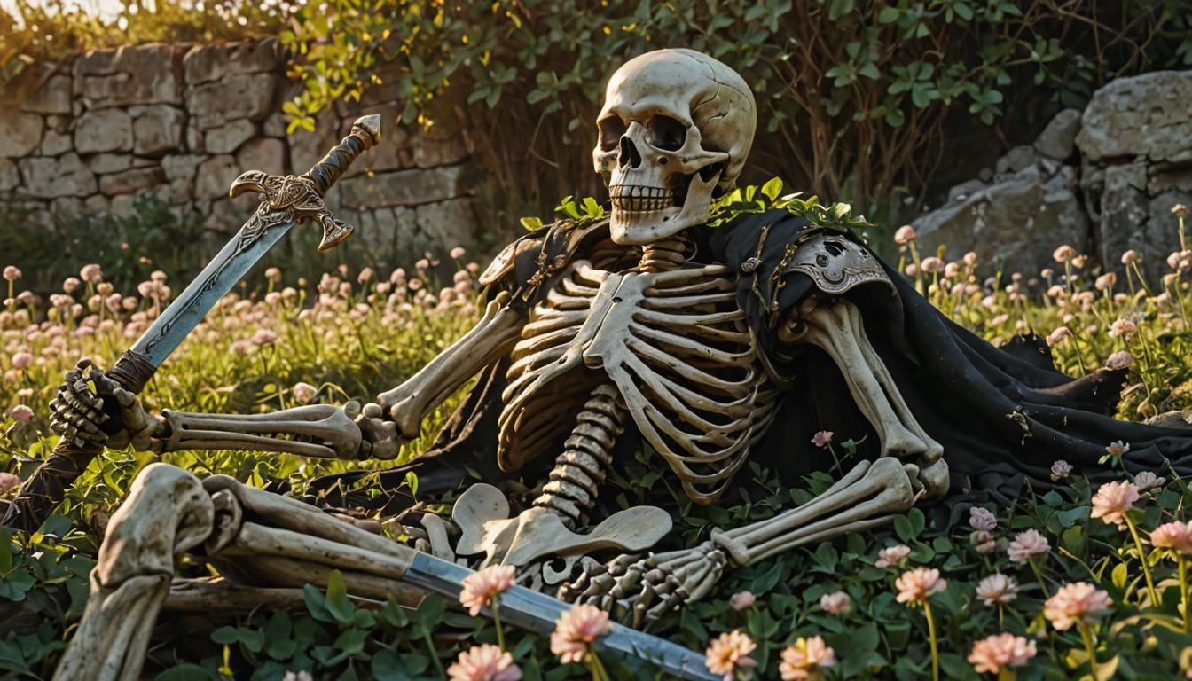 Medieval Skeleton Warrior on Clover Field in Oil Painting St...