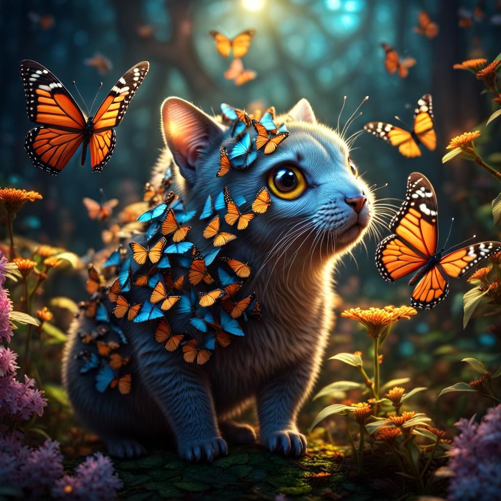 Cute Creature Surrounded by Butterflies in Fantasy Setting