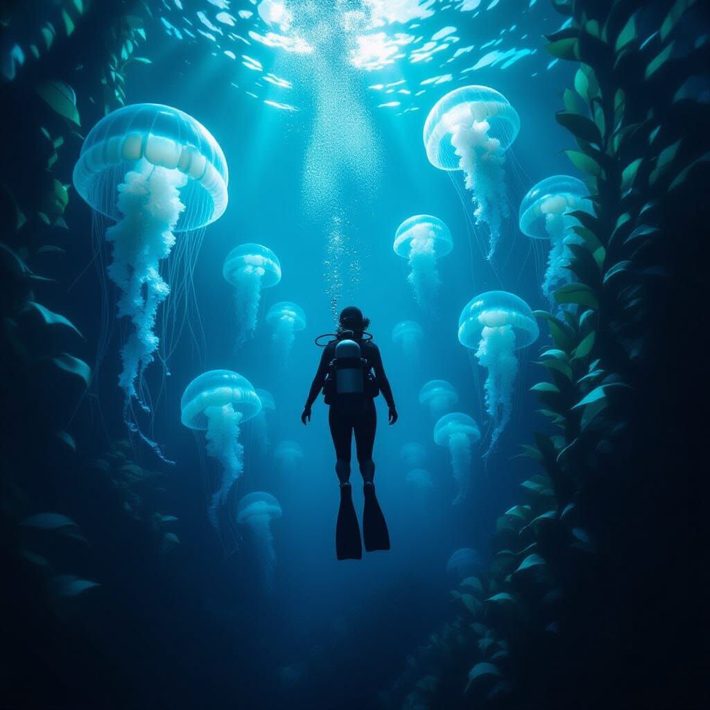 Scuba Diver Encounters Giant Bioluminescent Jellyfish