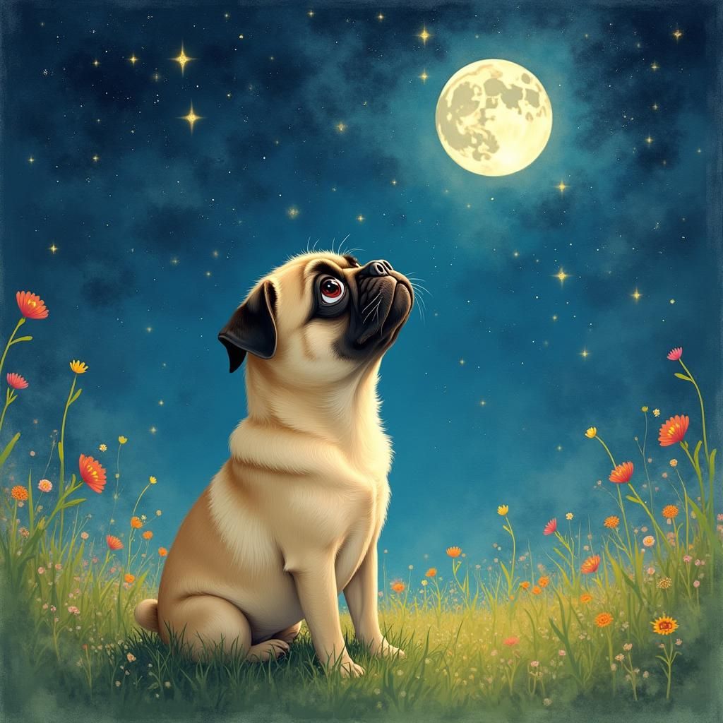 Pug Gazing at Starry Night Sky