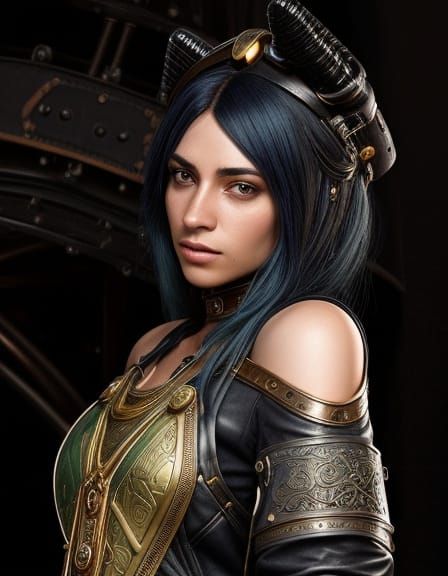 Steampunk Heroine Standing Beside a Fantastical Steam-Powere...