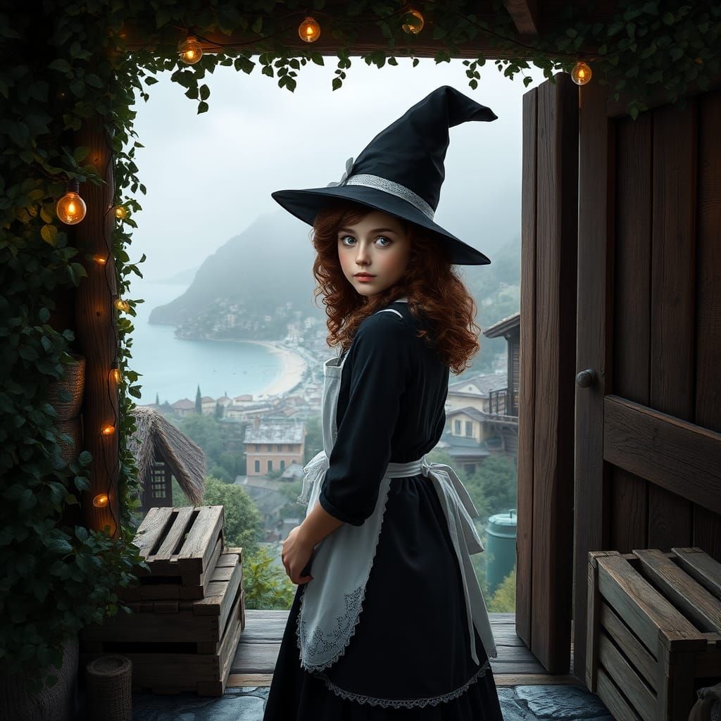 Hyperrealistic Young Witch Overlooking Misty Town