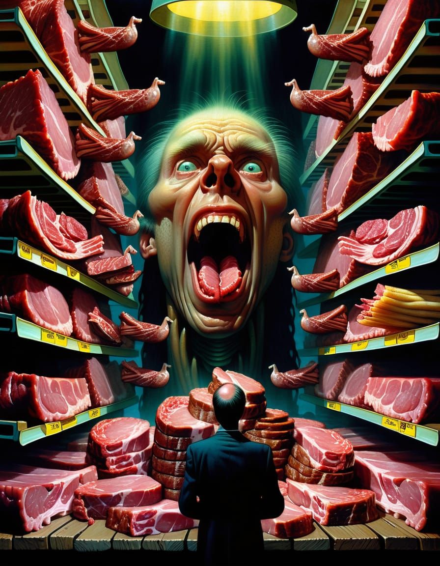 Surreal Costco Meat Shrine with Drooling Men