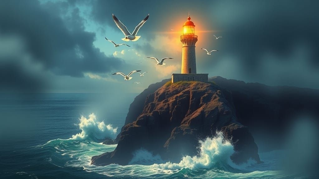 Lighthouse Beacon Pierces Stormy Sky: Digital Painting