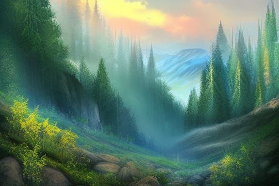Detailed Mountain Forest Digital Painting