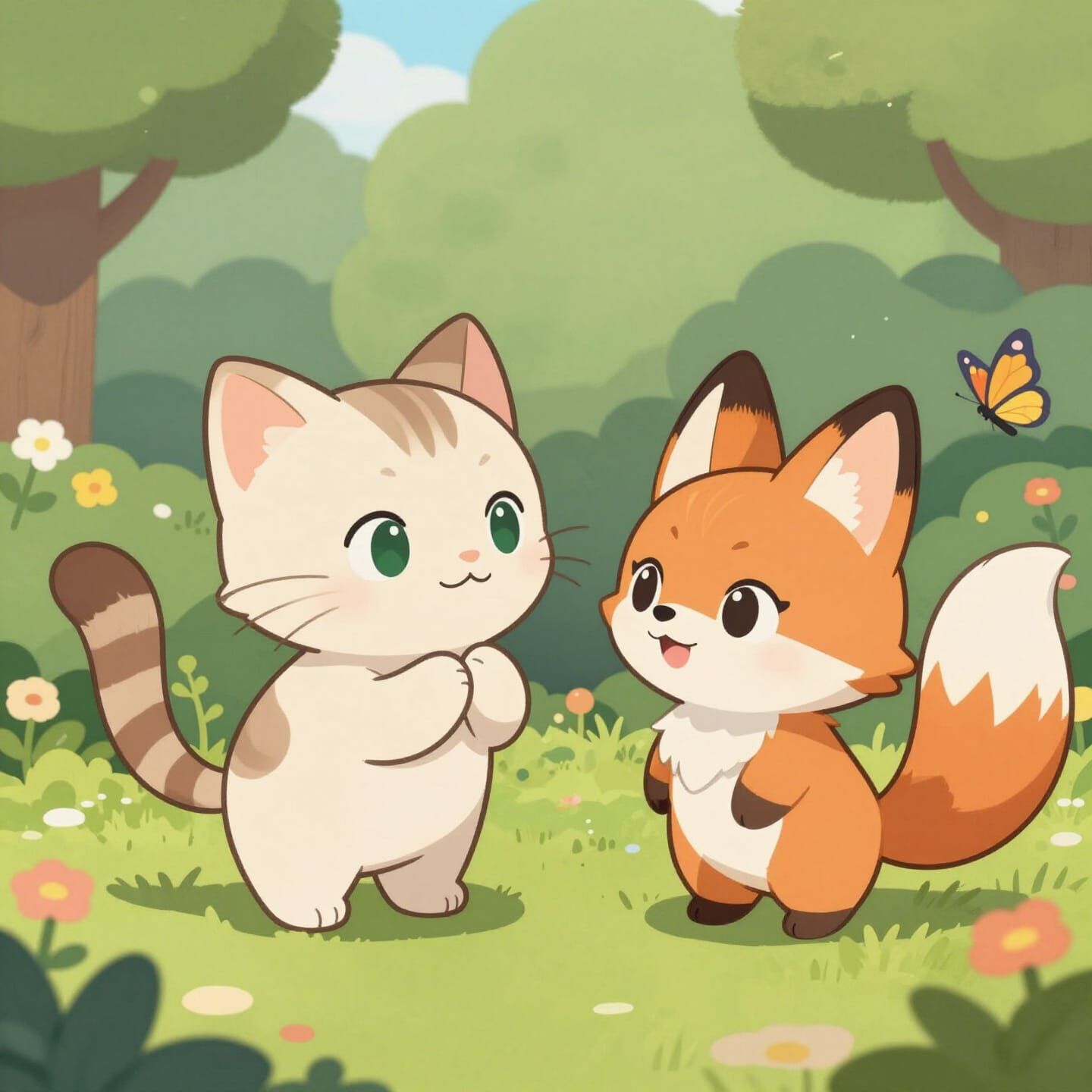 Kitten Meets Chibi Fox in a Blooming Garden Illustration