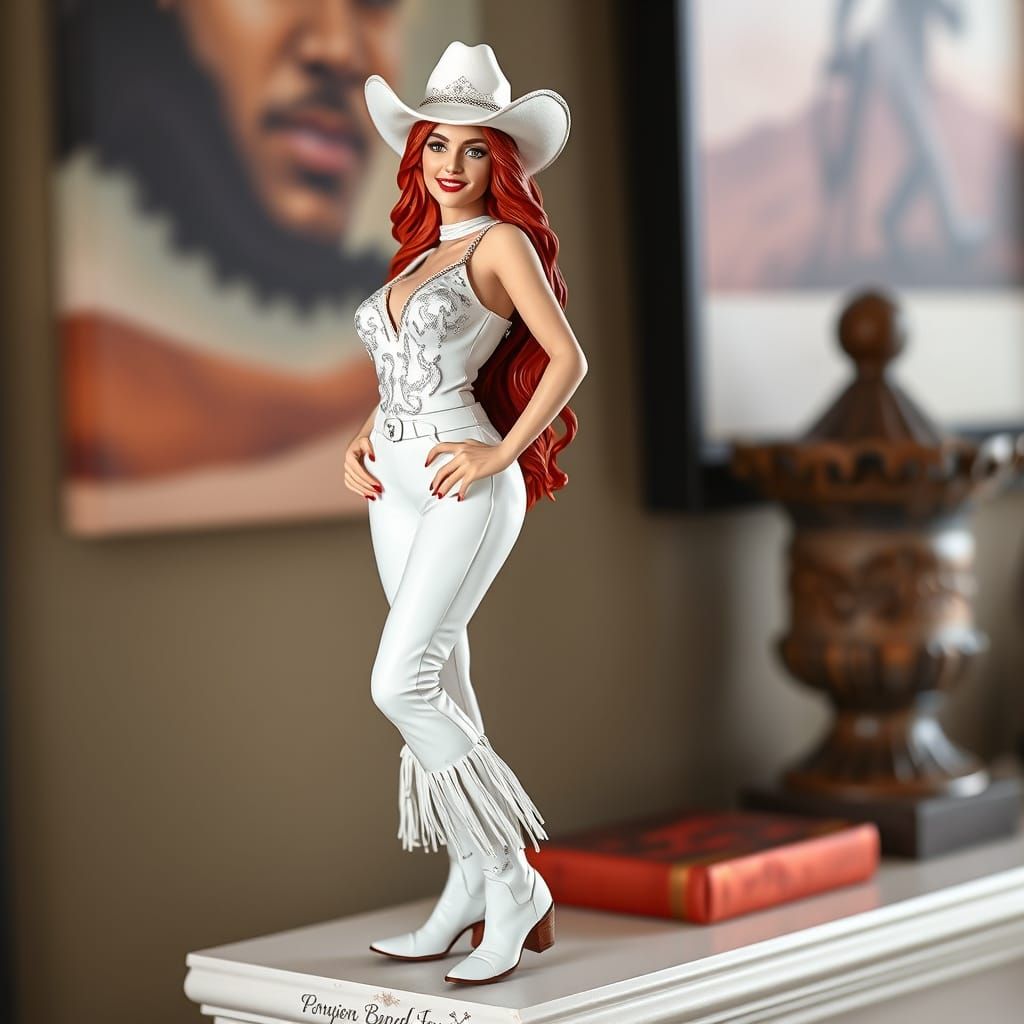 Lifelike Resin Statue of Red-Haired Woman in Cowboy Attire