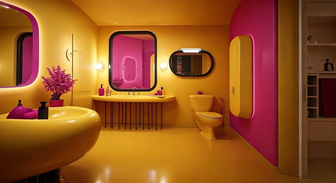 Space Age Bathroom Design in Golden Yellow and Fuchsia