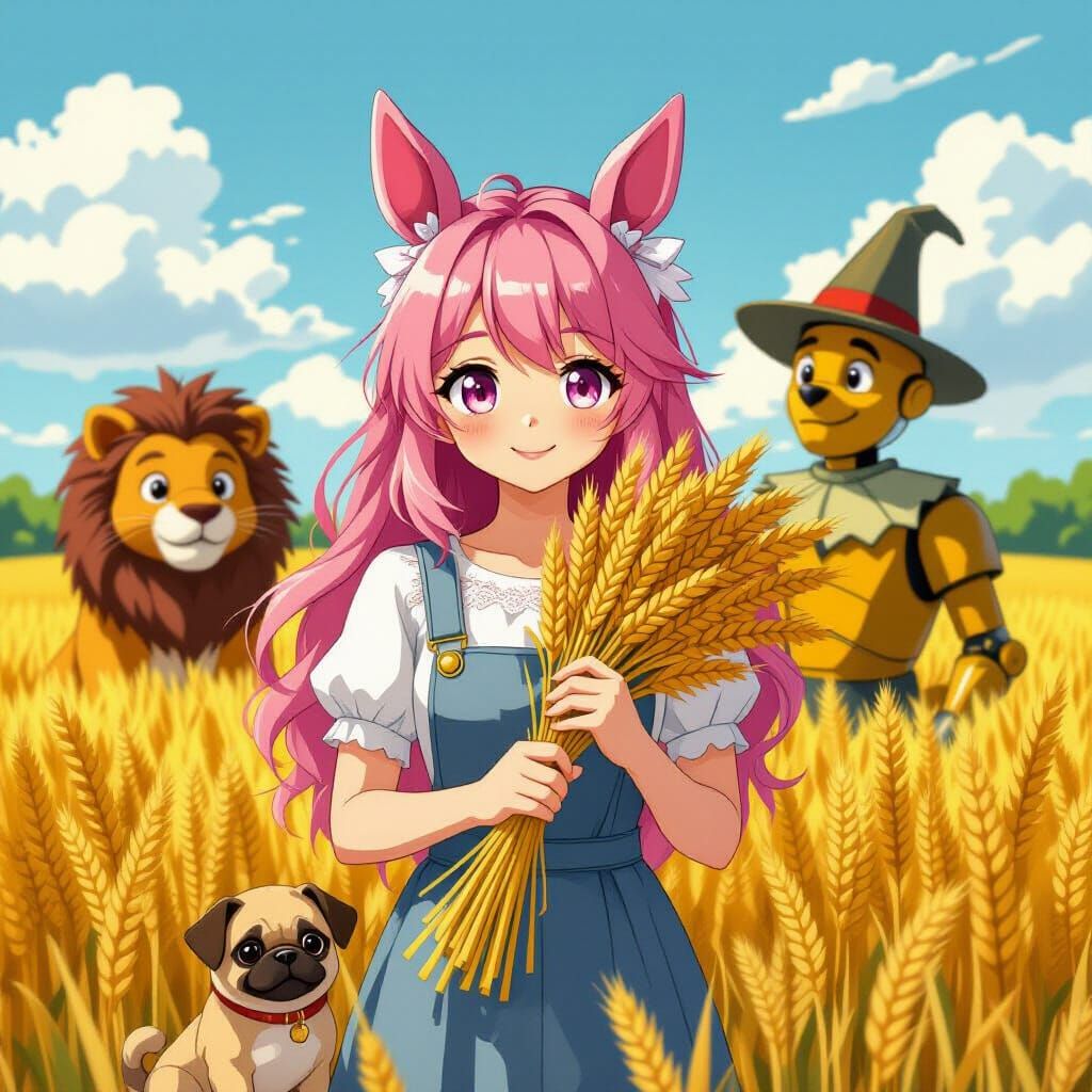 Anime Girl with Lion and Friends in Flat Style