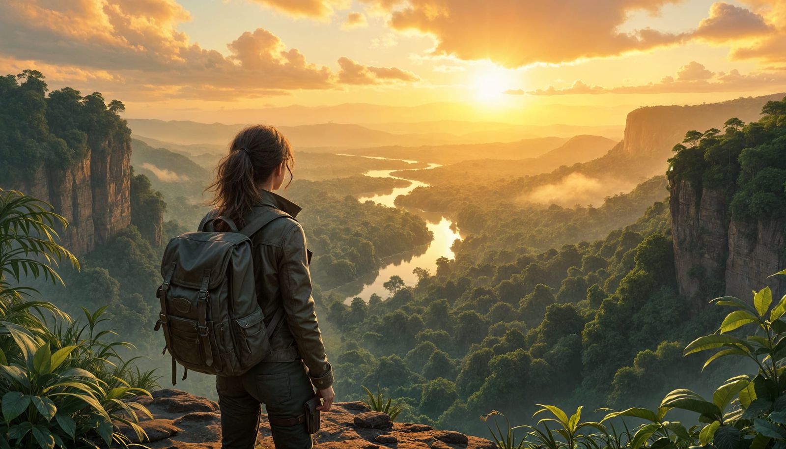 Adventurer Gazes at Golden Hour Jungle Valley