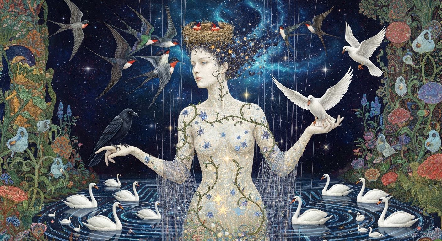 Ethereal Woman of Strings Dissolving into Iridescent Birds