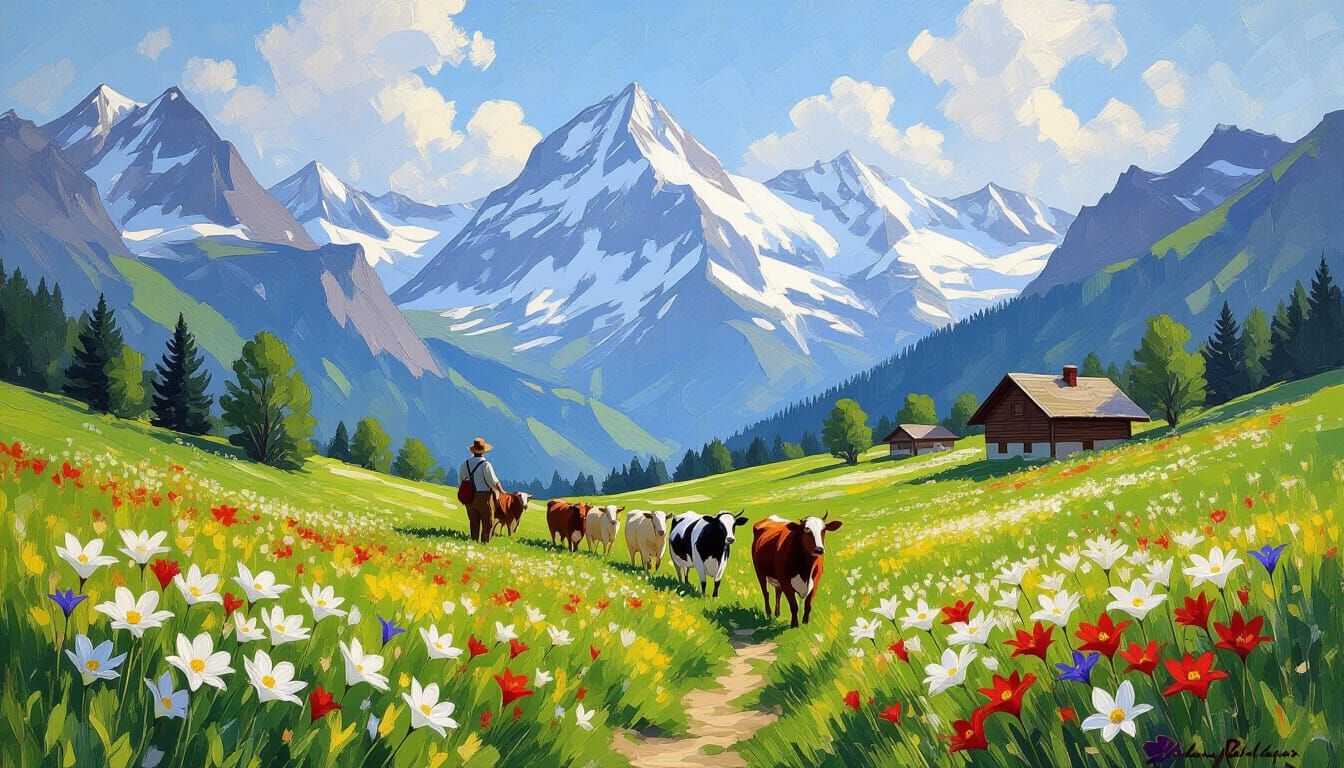 Monet-Inspired Alpine Meadow with Edelweiss and Mountains