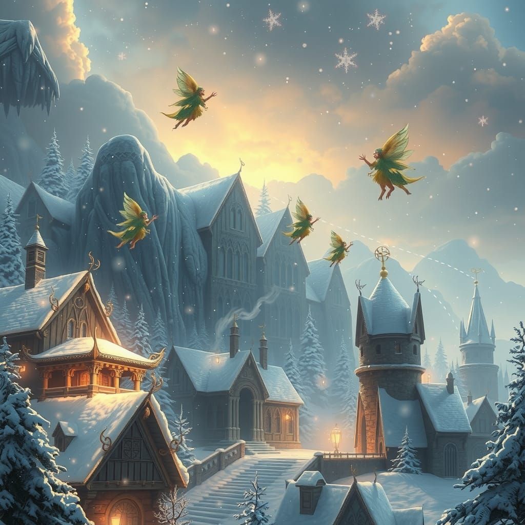 Elves Showering City with Snow: Fantasy Art