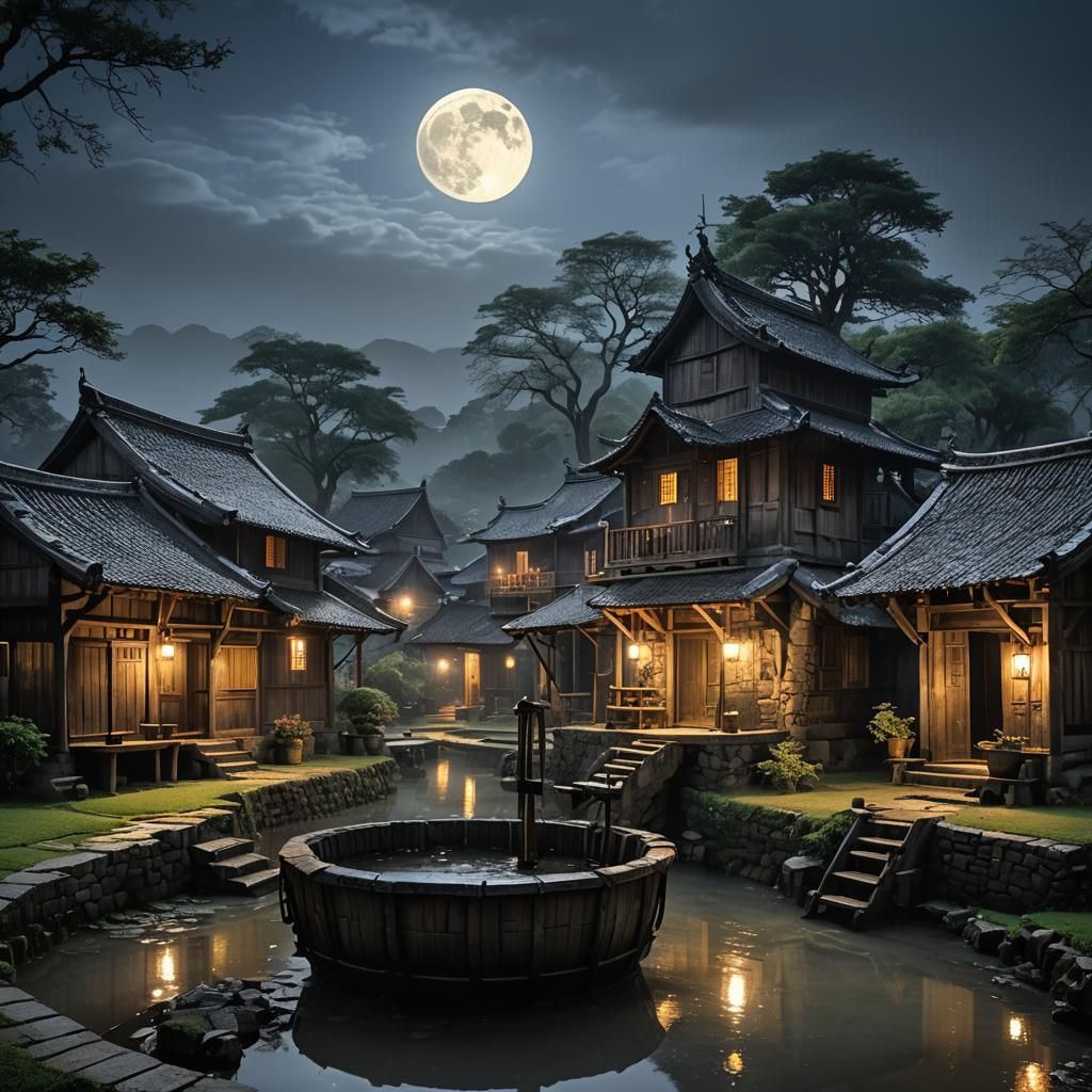 Majestic oil painting, ancient village scenery, nostalgic wa...