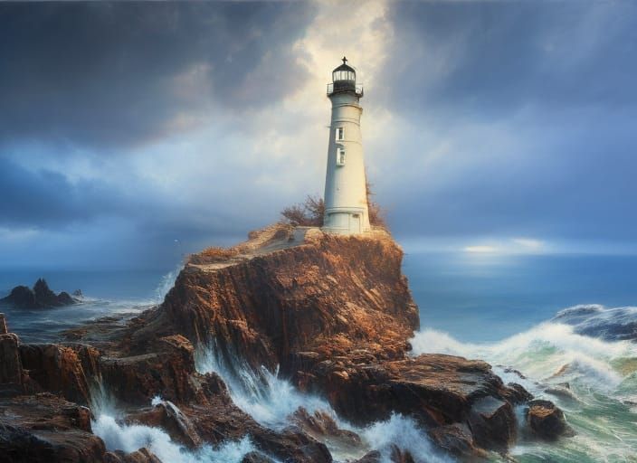 Lighthouse at World's End: Hyper-Detailed Oil Painting