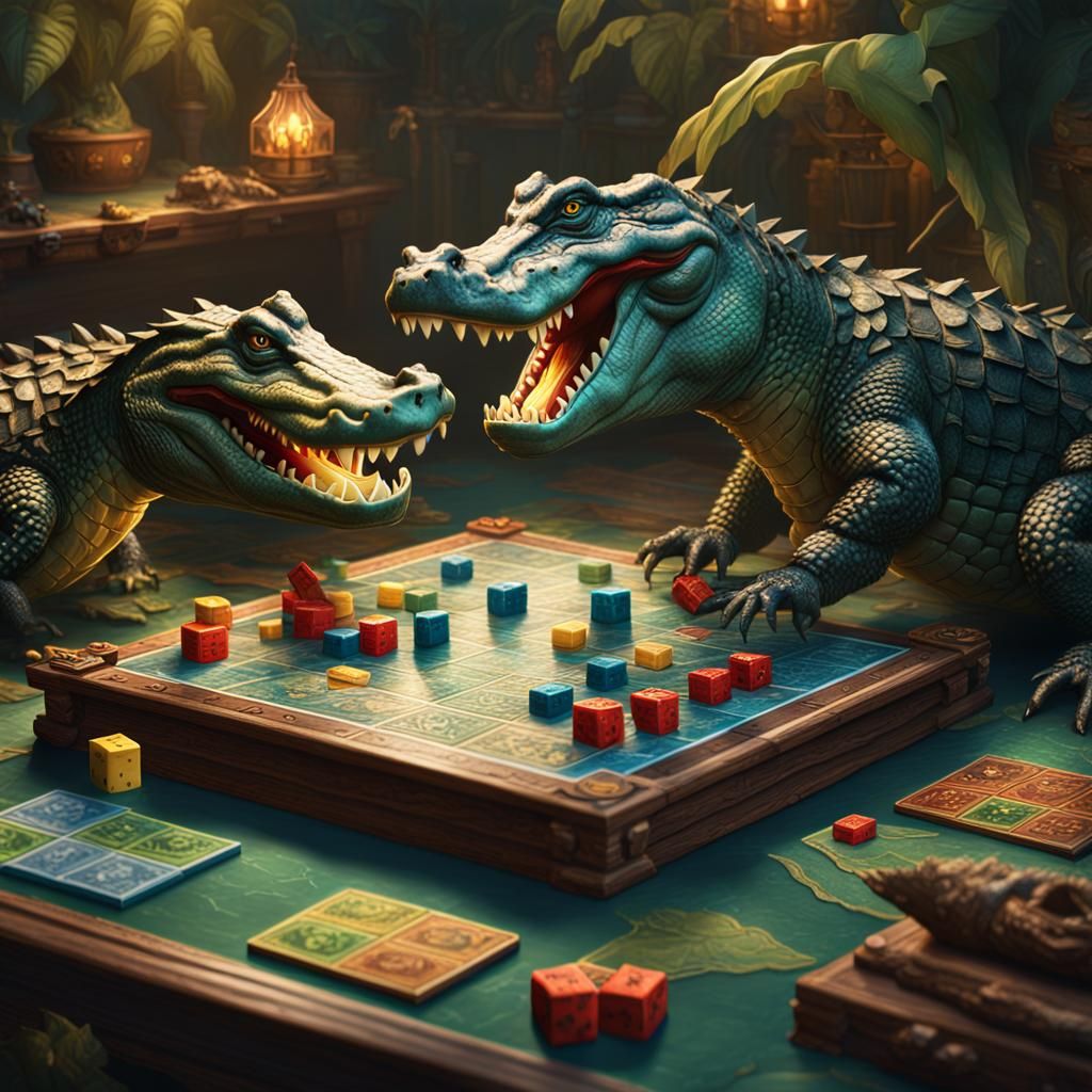 Alligators Playing Board Game: Detailed Matte Painting