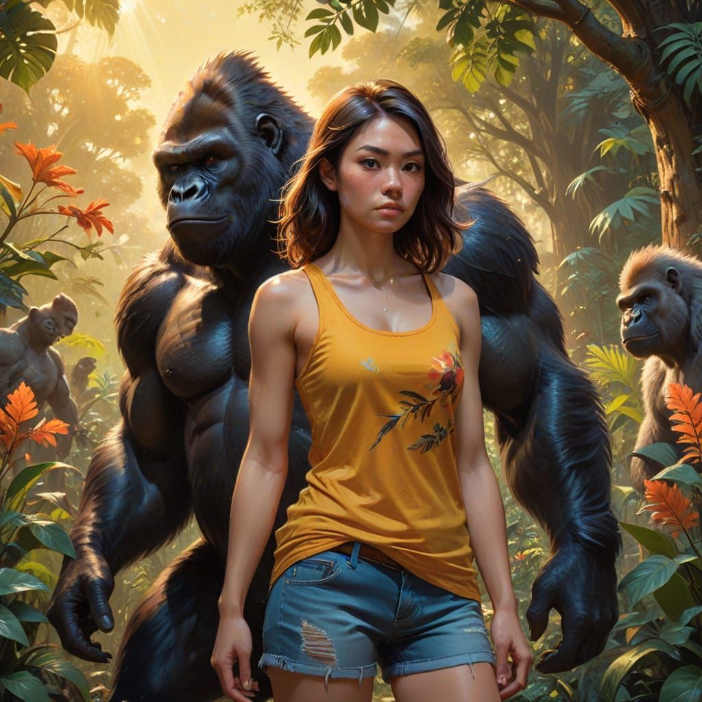 Asian Woman in Garden City with Squirrel and Gorilla