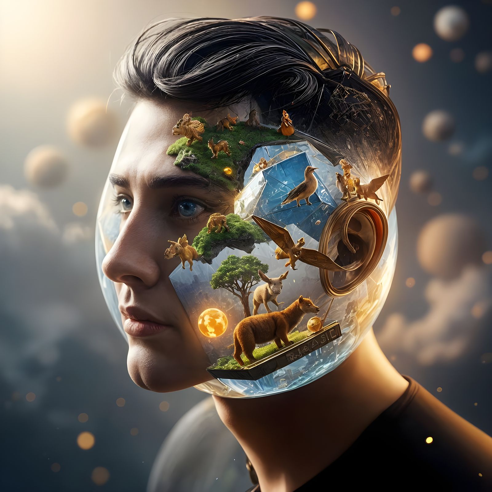 Futuristic Earth Cityscape with Geometric Humans and Cubist...