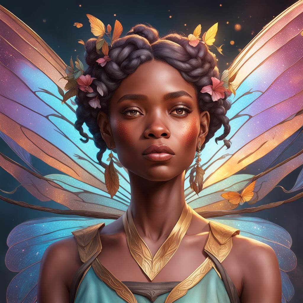 Beautiful African American Fairy Portrait in Art Nouveau Sty...