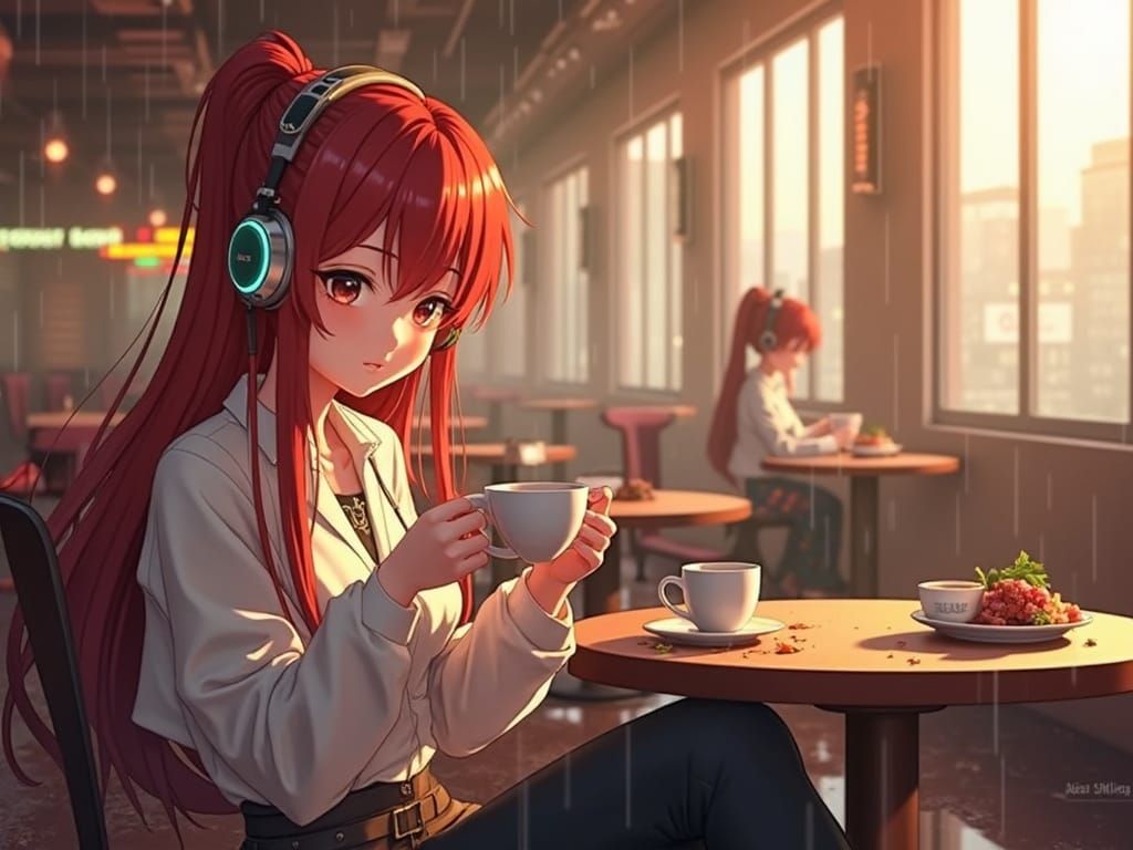 Anime Woman in Cyberpunk Cityscape, Digital Art