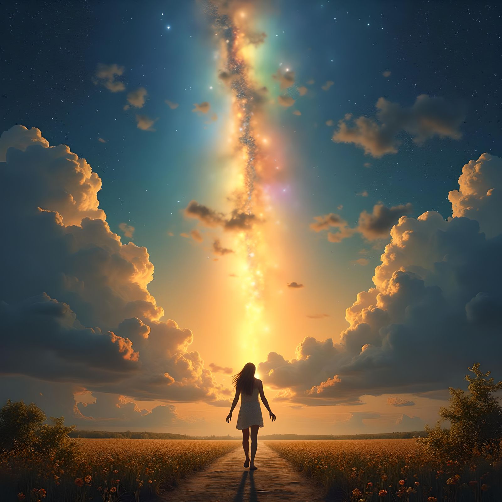 Rainbow Starlight Showers Over Flower Field