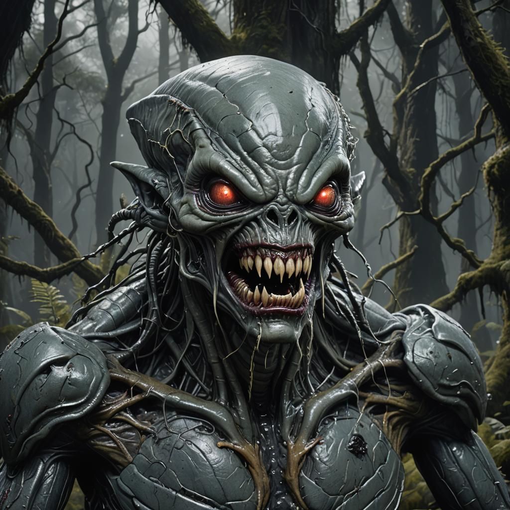 Ferocious Alien Creature in Dark Forest: Matte Painting