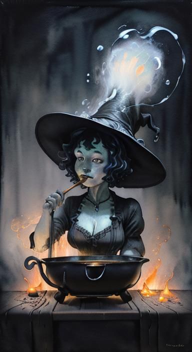 Eerie Witch Stirring Cauldron in Art Deco Style