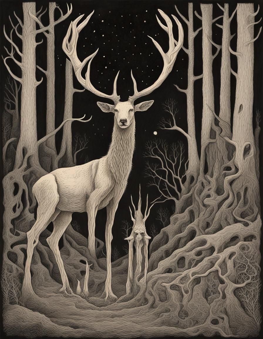 Creepy Antlered Forest at Night in Linocut Style