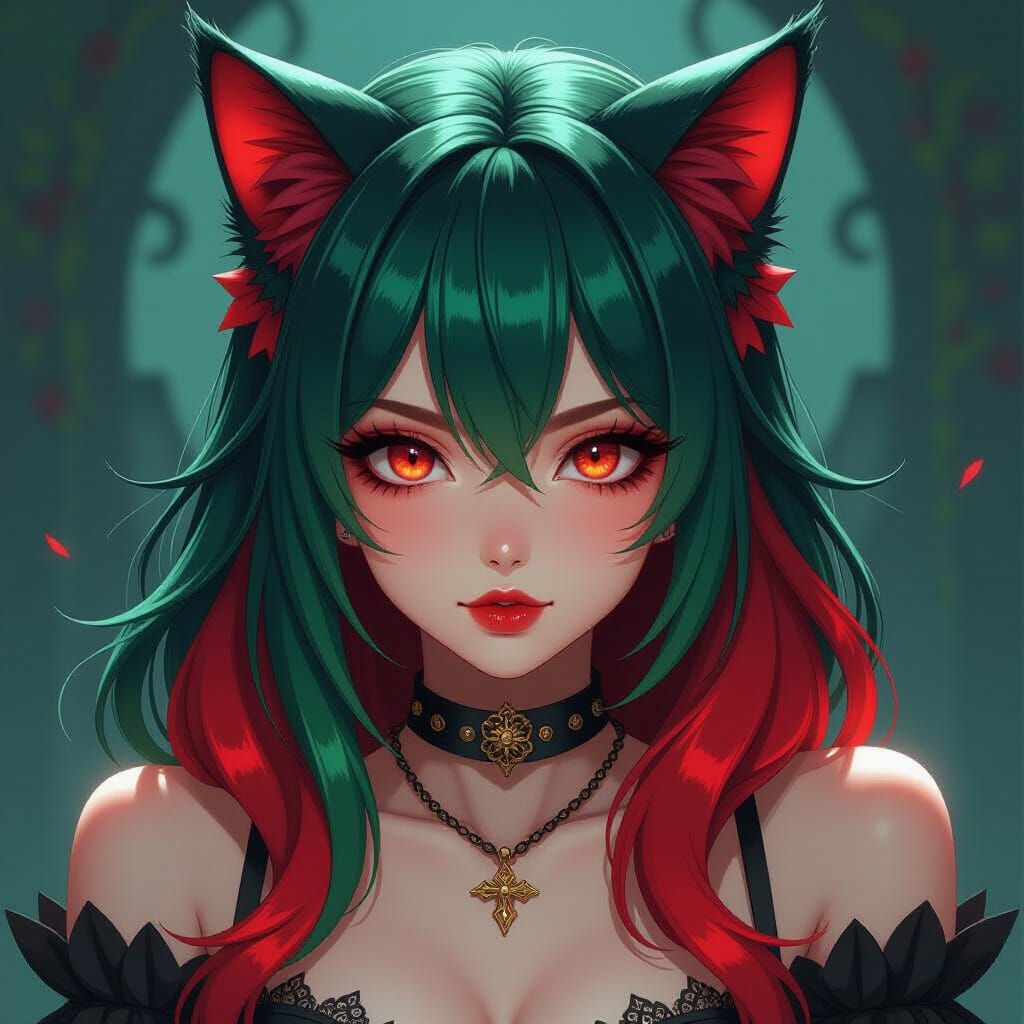 Kawaii Woman With Cat Ears and Red Eyes in Dark Fantasy Styl...