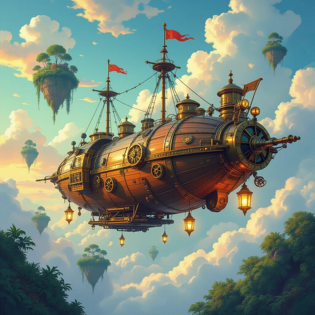 Steampunk Airship Navigating Floating Islands in Painterly S...