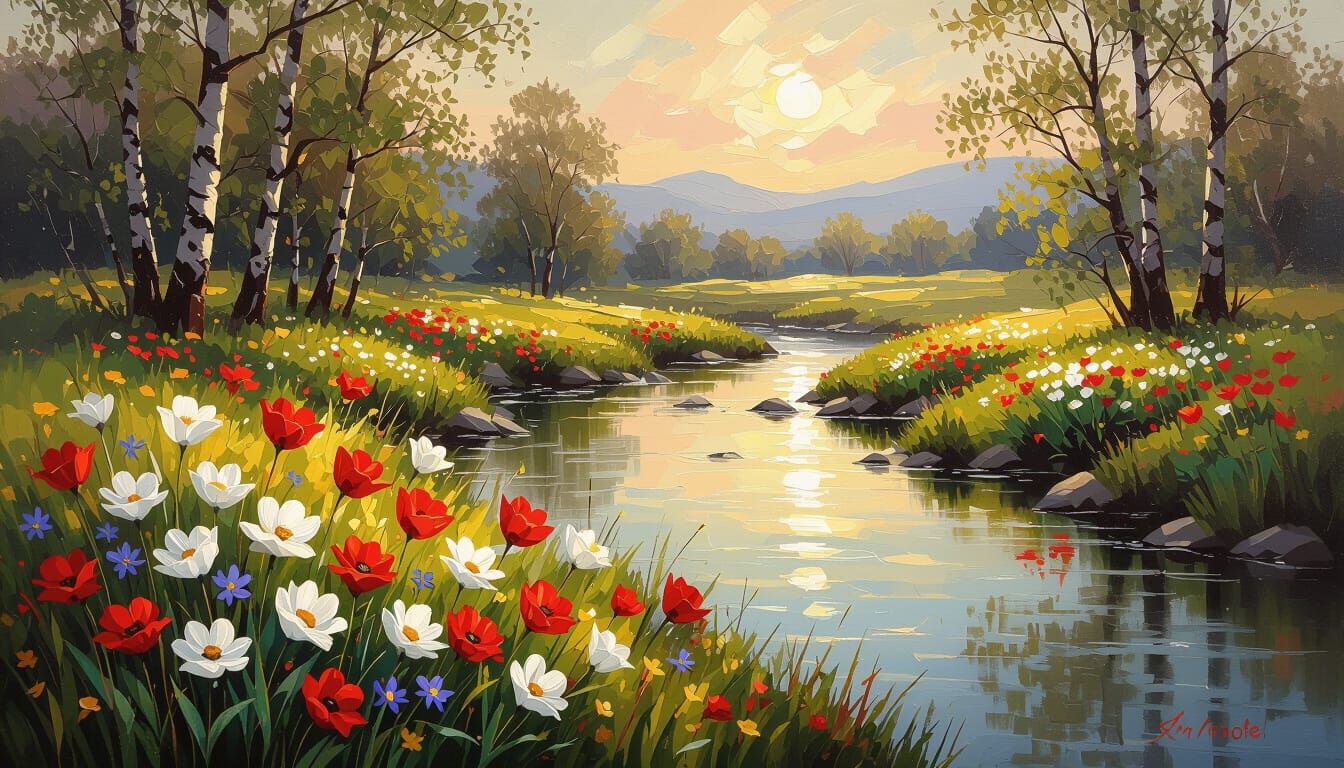 Spring Flowers Landscape in Oil Painting Style