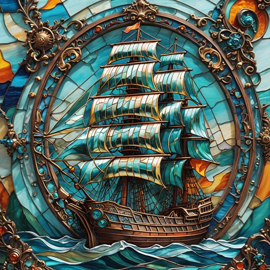 Stained Glass Sailing Ship in Fauvist Style