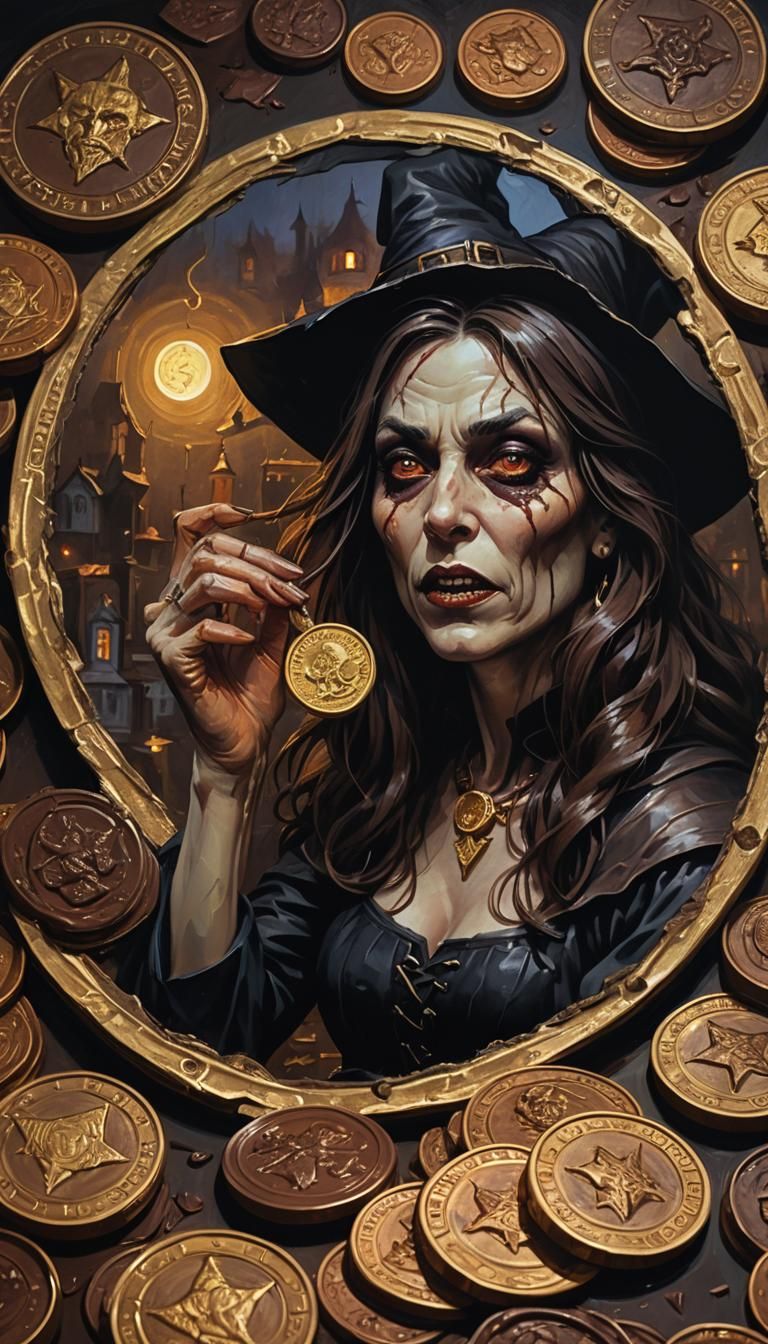 Witch Transforms Victim into Chocolate Coins: Dark Fantasy