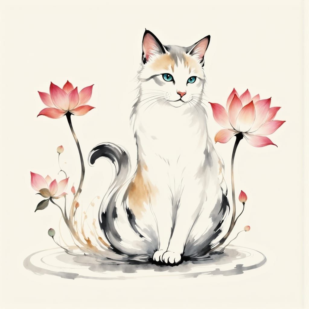 Elegant Cat Line Art with Lotus in Sumi-e Style
