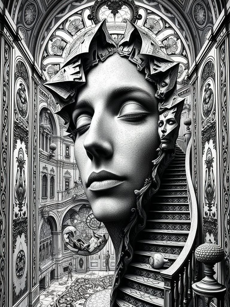 Escher-Inspired Face Ascends Staircase in Geometric Black an...