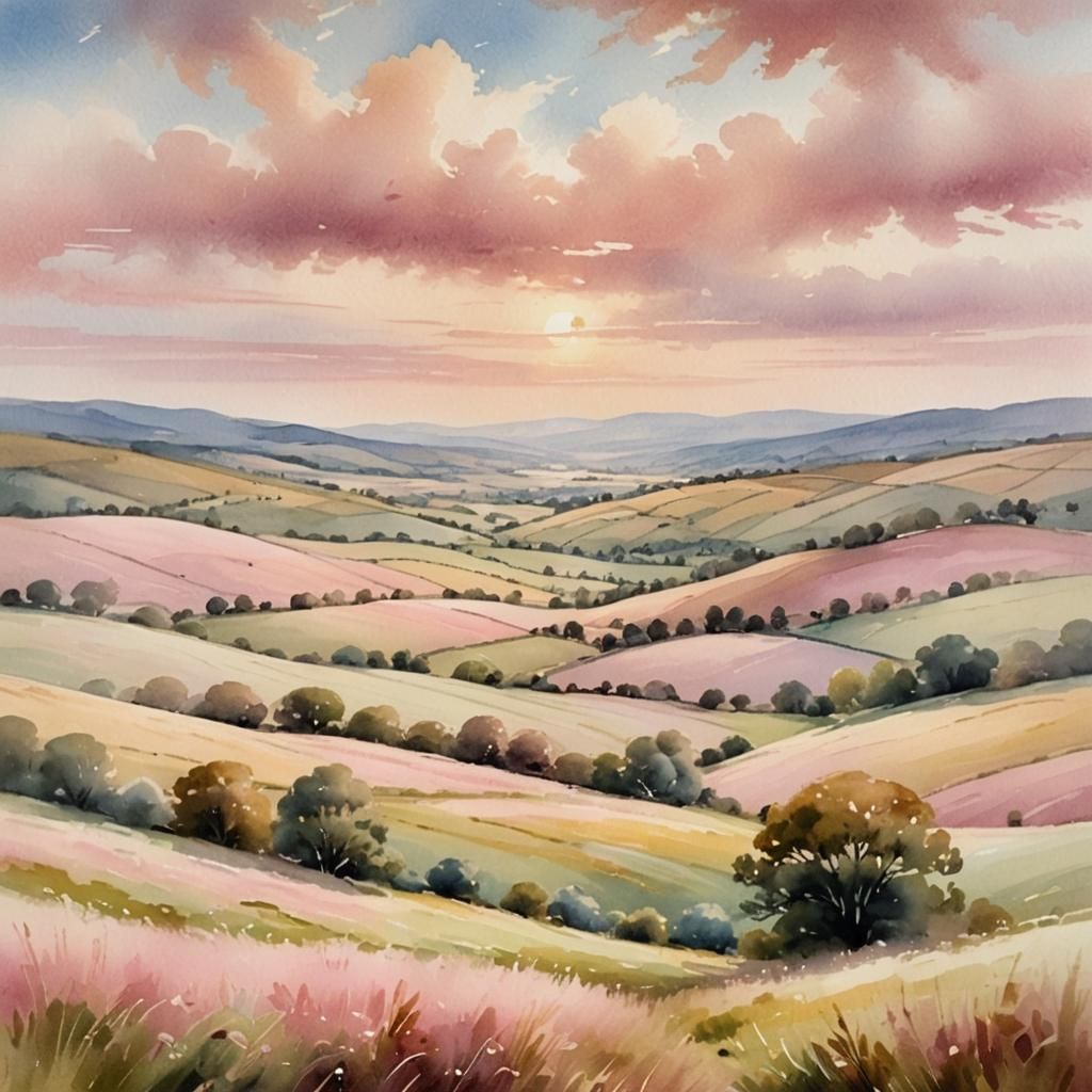 Pastel Pink Landscape in Watercolor Style