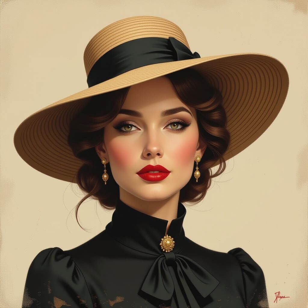 Elegant Woman in Hat, Old Photograph Oil Painting