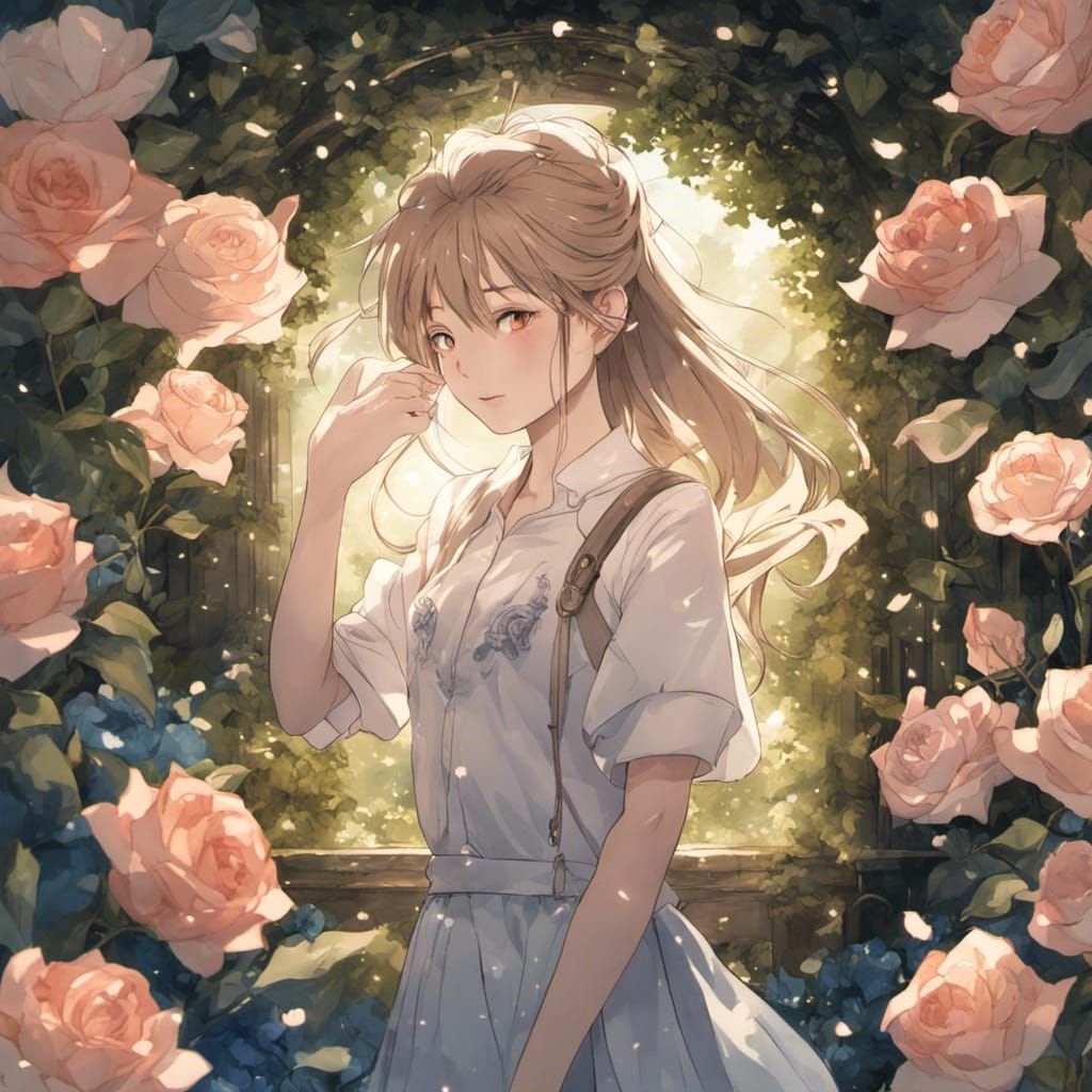 Anime Bishonen Watering Roses in Watercolor Style